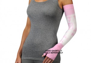 Pink compression sleeve on a woman's arm