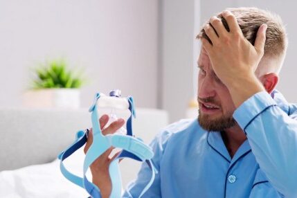 Man sitting on the bed with his hand on his head appearing frustrated and holding a blue CPAP mask.