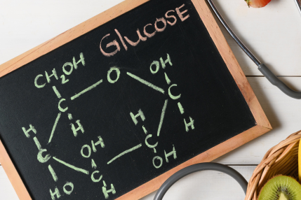 doubek-medical-supply-blood-sugar-blog-header Chalkboard with glucose breakdown written out and fruits in bowls around the board.