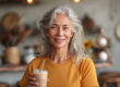 Older woman smiling and holding a smoothie in her hand