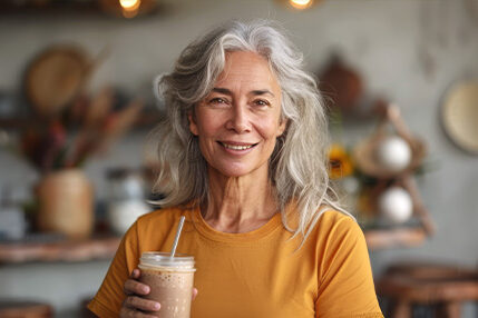 Doubek-HealthyAgingMonth Older woman smiling and holding a smoothie in her hand