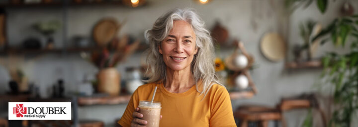Doubek-HealthyAgingMonth Older woman smiling and holding a smoothie in her hand