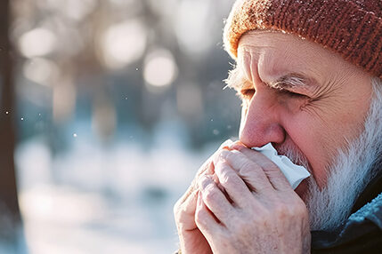 Doubek-CPAPSideEffects Man outside in the winter holding a tissue to his nose and over his mouth