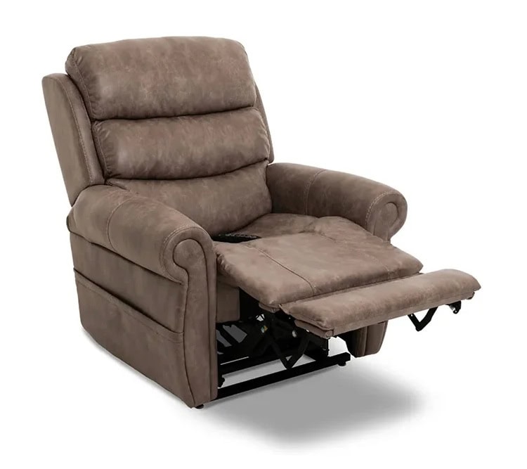 Brown lift chair with leg extension out on a white background the Tranquil 2 from Pride Mobility