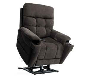 Dark brown-black lift chair lifted into the air on white background, the VivaLift Ultra from Pride Mobility