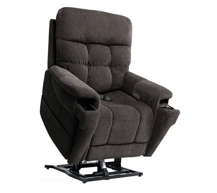 Dark brown-black lift chair lifted into the air on white background, the VivaLift Ultra from Pride Mobility